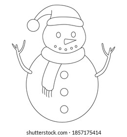 Snowman in Christmas hat. Vector illustration in Doodle style. Isolated black silhouette on a white background