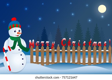 Snowman and Christmas night landscape. Inscription on the fence Merry Christmas. Vector illustration for New Year design