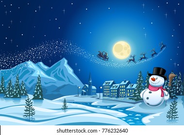 Snowman in Christmas night with Santa flying in the sky over land