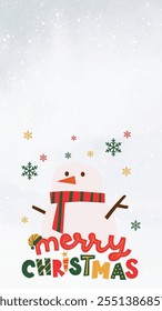 Snowman Christmas Phone Wallpaper with Festive Text and Snowflakes. Ideal for holiday-themed digital projects, phone backgrounds, greeting cards, and seasonal décor. Perfect  touch of holiday cheer!