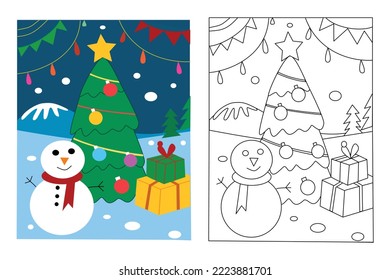 Snowman and Christmas pine tree coloring page for kids drawing education. Simple cartoon illustration in fantasy theme for coloring book