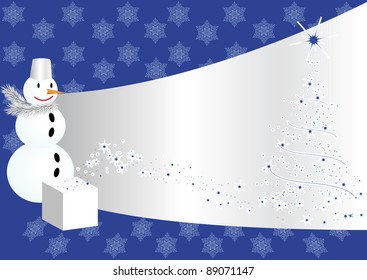  snowman and christmas pine tree on blue background