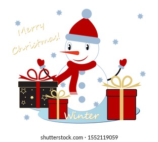 Snowman and Christmas presents. Vector illustration of colorful winter elements and greeting.