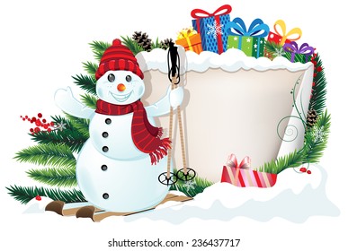 Snowman, Christmas presents and Christmas wreath with old parchment and red berries