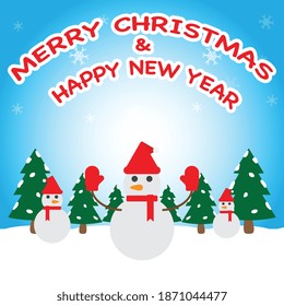 Snowman in Christmas red hat and glove stand on white snow on the ground. Snow fall in winter . EPS10 and vector.