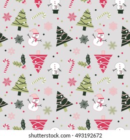 A snowman Christmas seamless pattern in pink, green, white and blue-grey background for Christmas holiday.
