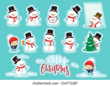 Snowman Christmas.  Set Christmas characters snowman with a little boy