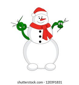 Snowman with christmas snake. Vector character