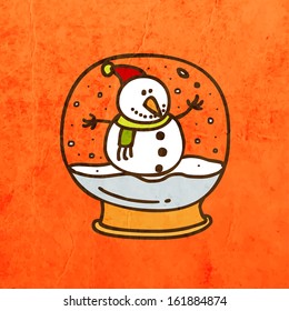 Snowman in Christmas Snow Globe. Cute Hand Drawn Vector illustration, Vintage Paper Texture Background