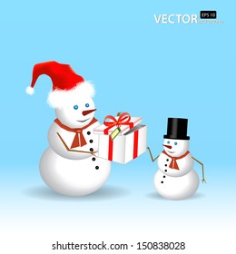 snowman at christmas time with gift box