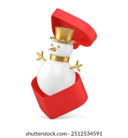 Snowman Christmas toy in flying red open gift box heart shape 3d icon realistic vector illustration. Xmas New Year traditional bauble in present package traditional souvenir winter holiday celebrate