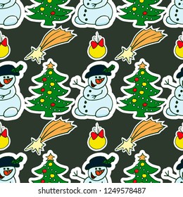 Snowman, christmas tree, comets . Hand drawn vector Christmas seamless pattern.