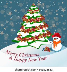 Snowman and Christmas tree decorated with ashberry under the stars