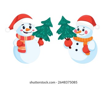 Snowman with a Christmas tree. Flat vector clipart, illustration with isolated background.