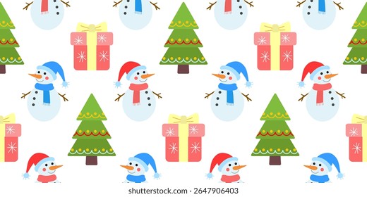 Boneco de neve, árvore de natal e caixa de presente em um fundo branco. Padrão perfeito sob a máscara de corte, conveniente para edição. Fundo festivo para papel, tampa, têxtil, envoltório de presente.
