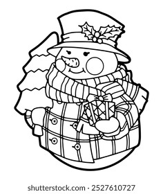 Snowman with Christmas tree and gift in hands. Isolated on white. Coloring page. Black line. Children's drawing.