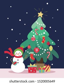 Snowman with Christmas tree and gifts