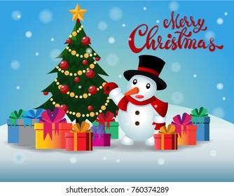 snowman and a Christmas tree with gifts on a snowy background, Vector illustration