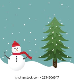 Snowman and Christmas Tree Holiday vector illustration background