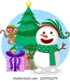 Snowman and Christmas tree isolated illustration