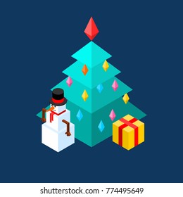 Snowman and Christmas tree isometric style. Christmas and New Year Vector illustration