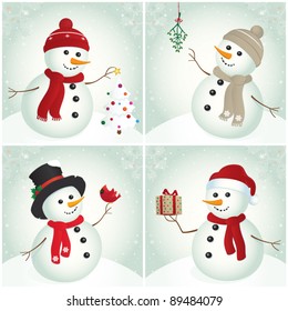 Snowman. Snowman with Christmas tree, mistletoe, cardinal bird and gift. Christmas design. Winter.