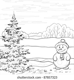 Snowman and Christmas tree on the bank of the winter forest river, contours. Vector