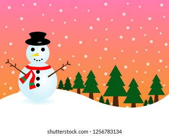 snowman and christmas tree on snow and orange background in merry christmas festival. Illustration EPS10