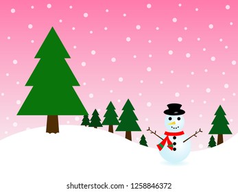 snowman and christmas tree on snow and pink background in merry christmas festival. Illustration EPS10