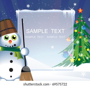 Snowman and a Christmas tree on a snowy background