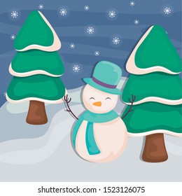snowman with christmas tree on winter landscape vector illustration design