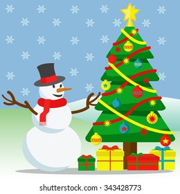 Snowman and christmas tree outside with snow falling vector illustration