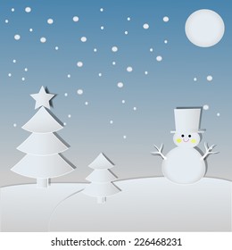 Snowman and Christmas tree in paper cut style