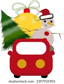 Snowman and christmas tree in the red car, Christmas toy