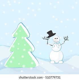 Snowman and Christmas tree in the snow