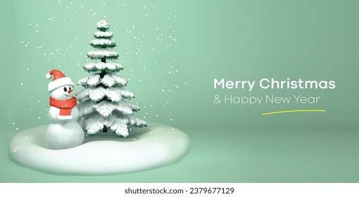 Hombre de nieve y árbol de Navidad en la ilustración 3d de la nieve. Feliz Navidad con una bandera de árbol de abeto nevado