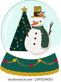 snowman with christmas tree in snow globe hand draw clipart vector illustration for decoration invitation greeting birthday party celebration wedding card poster banner textiles wallpaper background