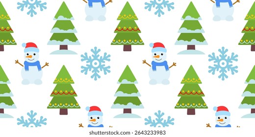 Boneco de neve, árvore de natal e floco de neve em um fundo branco. Padrão perfeito sob a máscara de corte, conveniente para edição. Fundo festivo para papel, tampa, têxtil, envoltório de presente.
