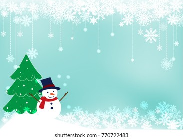 Snowman, christmas tree and snowflakes winter season design background. Christmas , x-mas , happy new year holidays concept. vector illustration