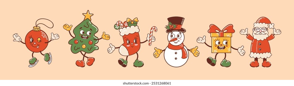 A snowman, Christmas tree, stocking, gift, and Christmas ball are ice skating together. These adorable retro style characters form a delightful dancing set, perfect for stickers, posters, and design