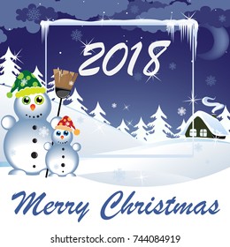 Snowman and christmas tree. Vector illustration.