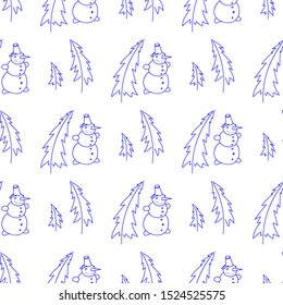 Snowman and Christmas tree vector seamless pattern. White background.
