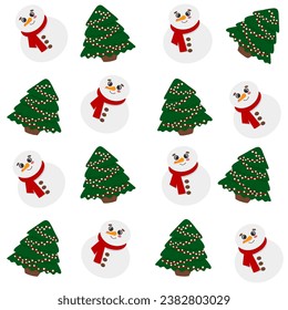 Snowman and Christmas tree vector seamless pattern, textile, fabric, wrapping paper, background, wallpaper, packaging	