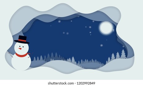 Snowman with christmas trees, moon, and snow flakes on night background. Illustration of paper cut style