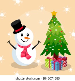 Hombre de nieve con árboles de Navidad y presenta ilustración vectorial de dibujos animados
