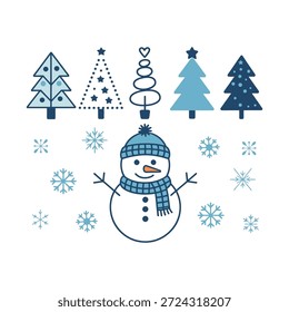 Boneco de Neve com Árvores de Natal e Flocos de Neve Ilustração Vetor
