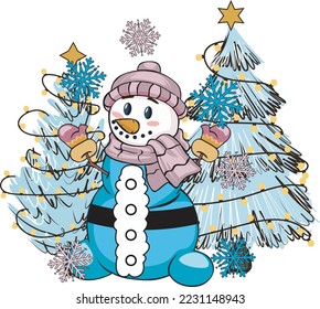 Snowman With Christmas Trees Winter