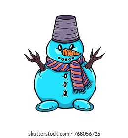 Snowman Christmas vector.  Hand drawn vector cartoon. Happy new year. Holiday illustration Xmas. Doodle style. Merry Christmas. Logo, print, stamp, patch, design, wallpaper, textile,paper,decor. Eps10