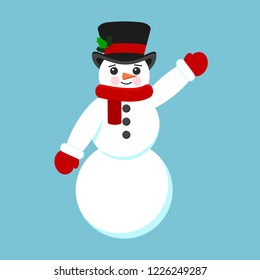 Snowman Christmas vector illustration. Isolated cute cartoon snowman in scarve, mittens and hat with mistletoe in flat style.