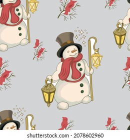 
Snowman christmas winter holiday holidays new year, seamless patern graphic vector illustration hand drawn print textile cute cartoon picture children's fairy tale house gifts birds on a branch